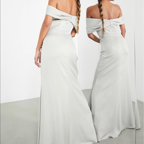 ASOS EDITION satin bardot drape wrap maxi dress in sage green. New with Tags! - Picture 3 of 3